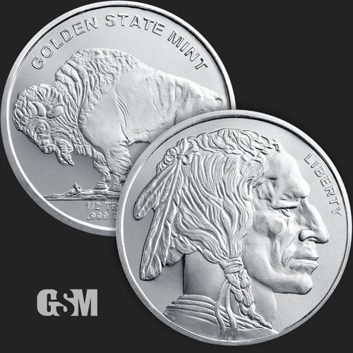 A silver round weighing 1/2 oz pressed with the buffalo nickel design
