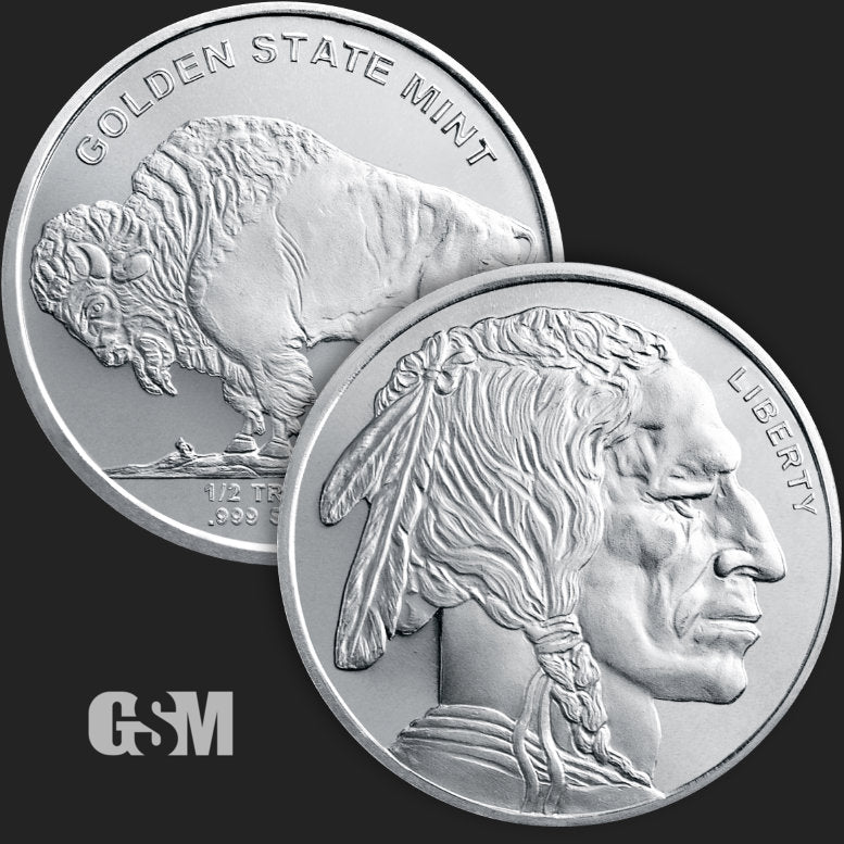 A silver round weighing 1/2 oz pressed with the buffalo nickel design