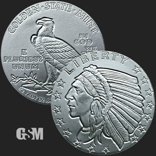 A silver round weighing 1/2 oz pressed with the incuse indian