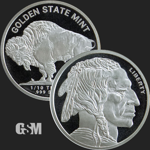 A silver round weighing 1/10 oz pressed with the buffalo nickel design