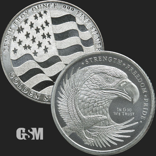 A silver round weighing 1/10 oz pressed with an eagle design