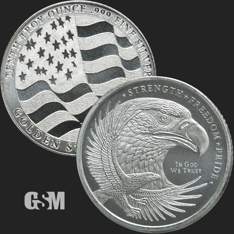 A silver round weighing 1/10 oz pressed with an eagle design