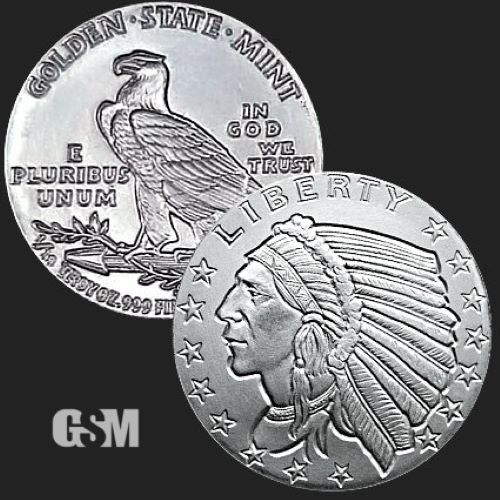 A silver round weighing 1/10 oz pressed with the incuse indian