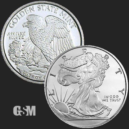 A silver round weighing 1/10 oz pressed with the walking liberty