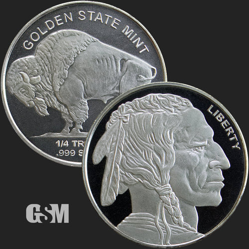 A silver round weighing 1/4 oz pressed with the buffalo nickel design