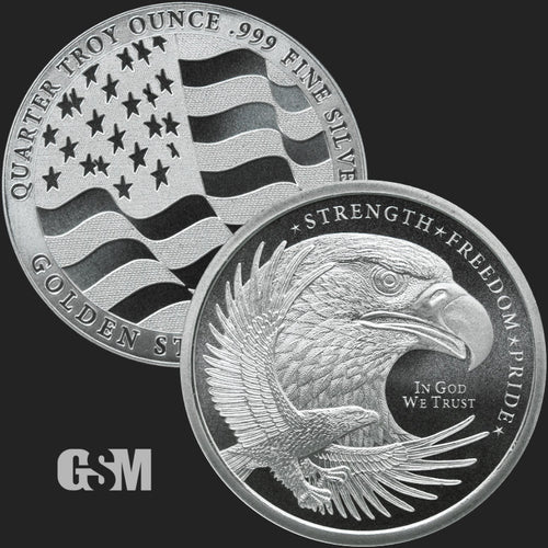 A silver round weighing 1/4 oz pressed with an eagle design