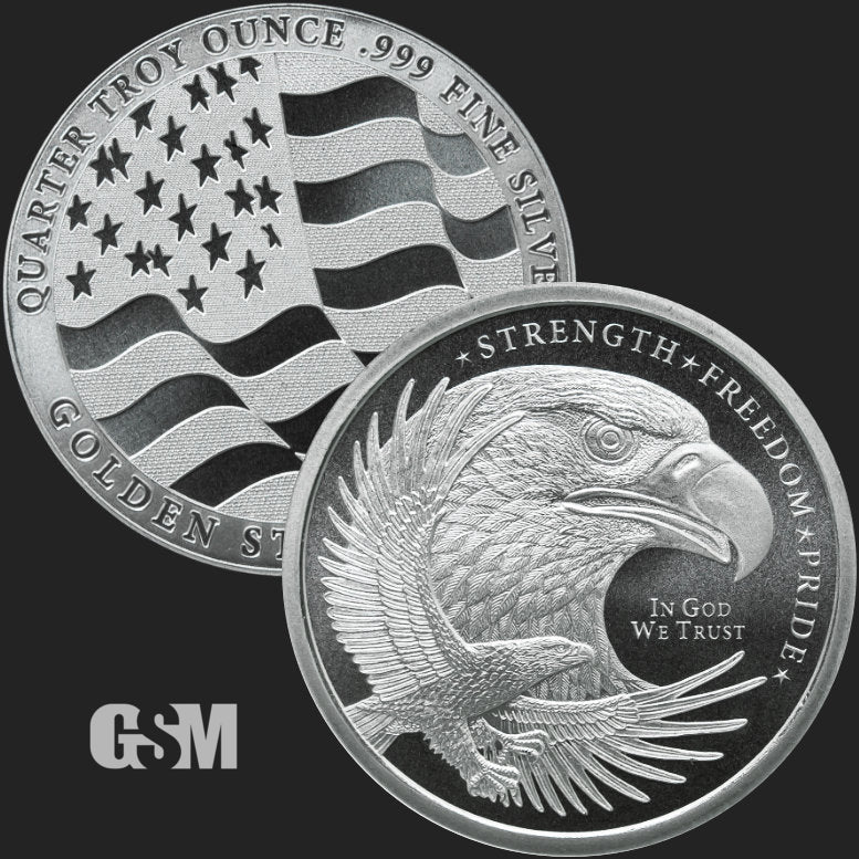 A silver round weighing 1/4 oz pressed with an eagle design