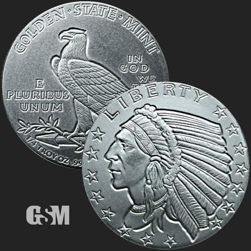 A silver round weighing 1/4 oz pressed with the incuse indian