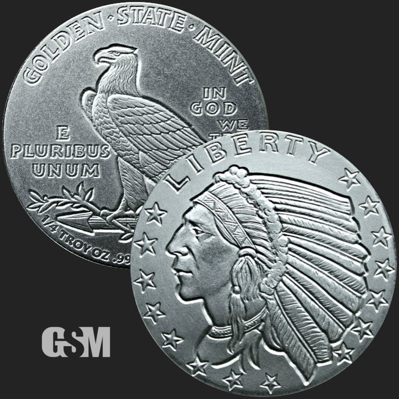 A silver round weighing 1/4 oz pressed with the incuse indian