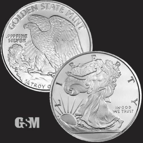 A silver round weighing 1/4 oz pressed with the walking liberty