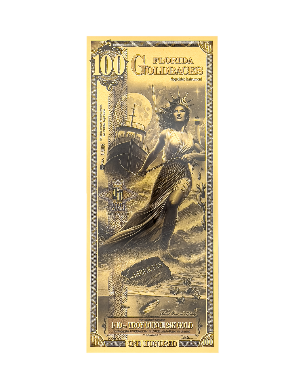 A gold polymer note that is worth 100 Goldbacks