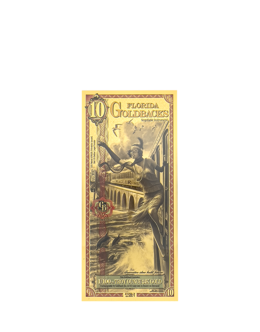 A gold polymer note that is worth 10 Goldbacks