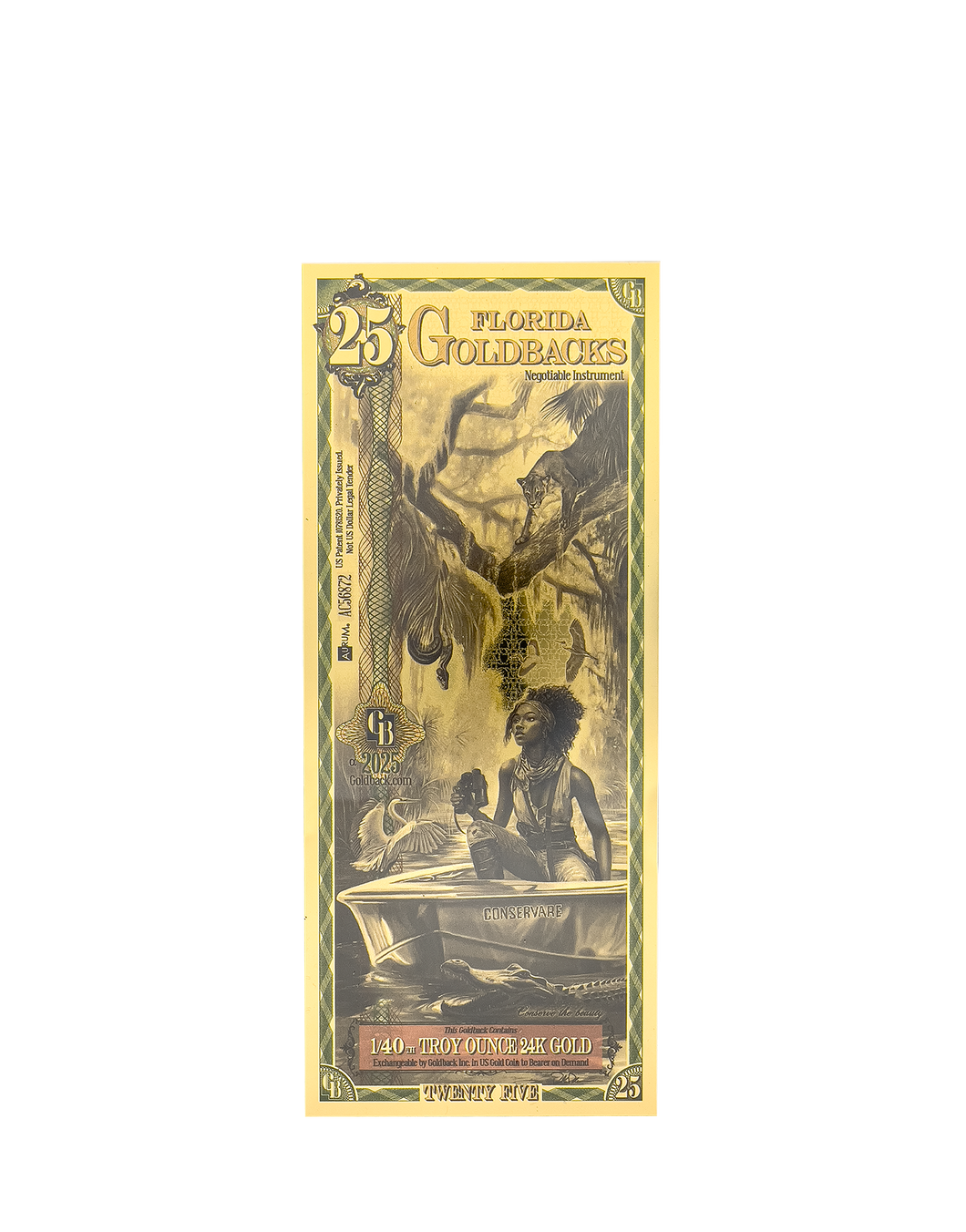A gold polymer note that is worth 25 Goldbacks