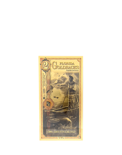 A gold polymer note that is worth 2 Goldbacks
