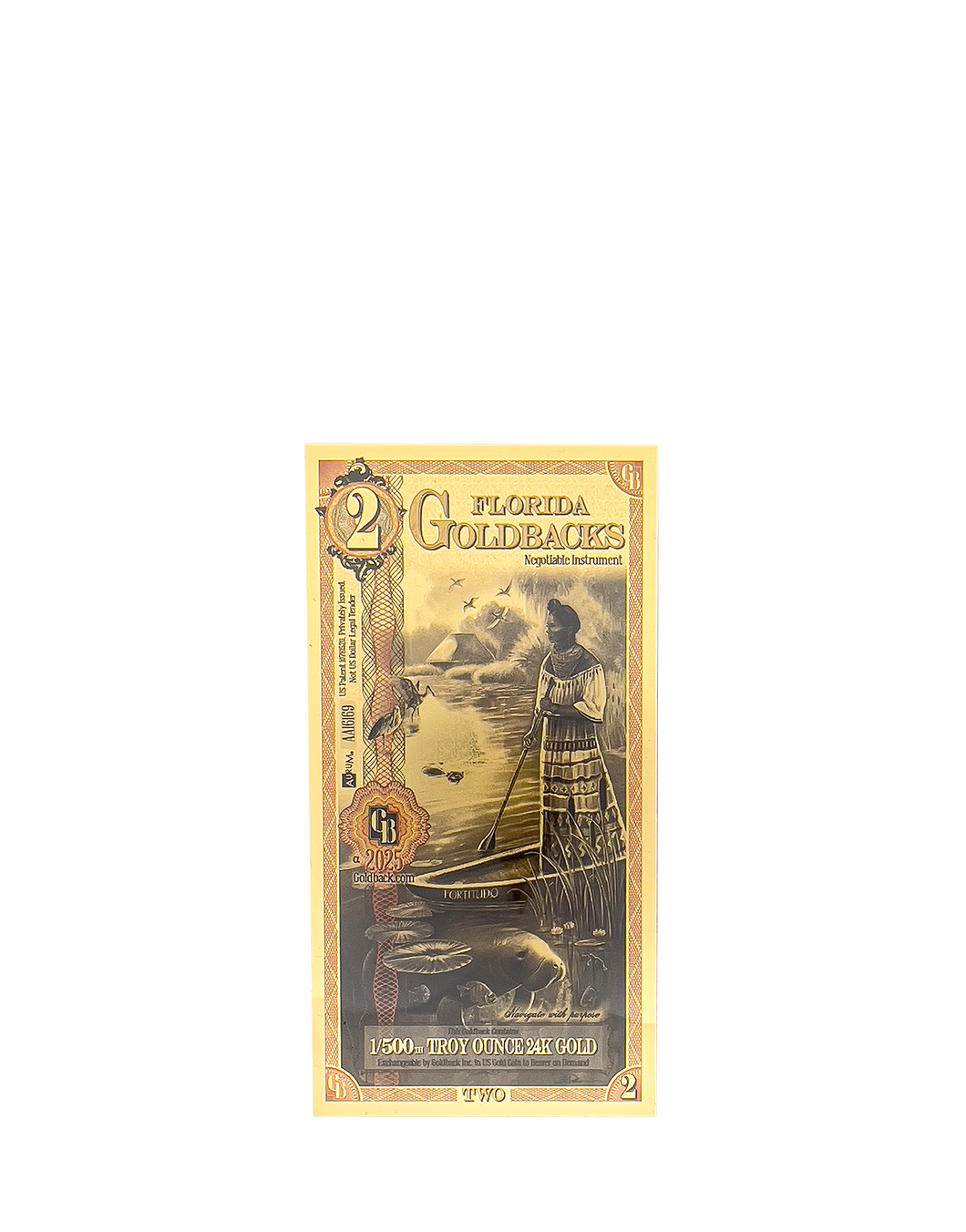 A gold polymer note that is worth 2 Goldbacks