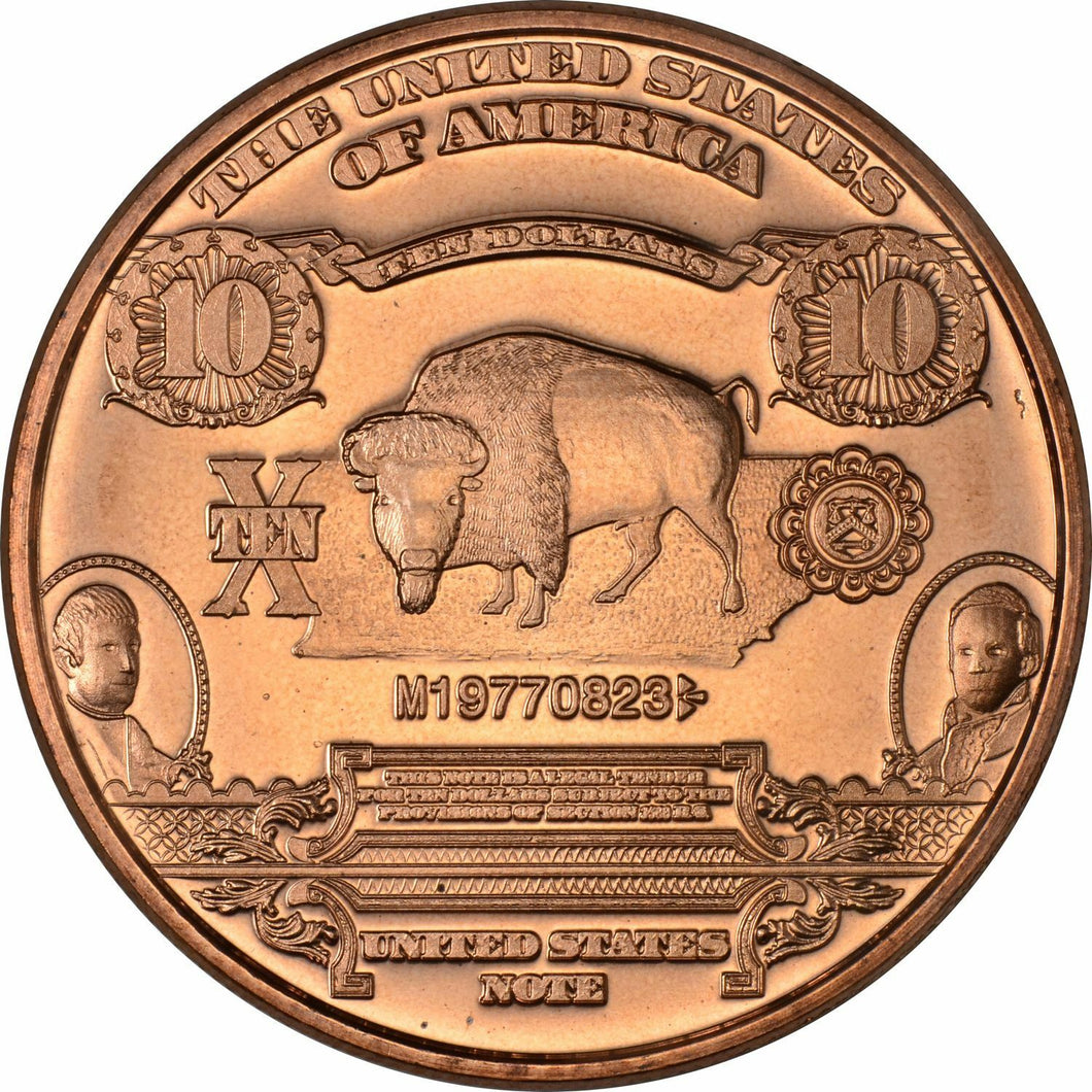 1 oz Copper Round - $10 Bison Note