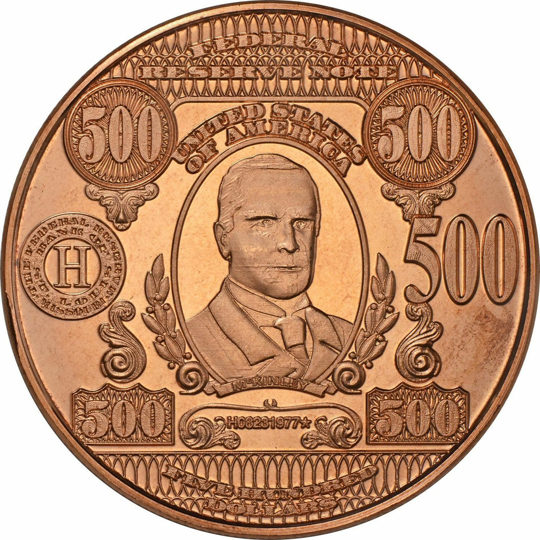 1 oz Copper Round - $500 Mckinley Note