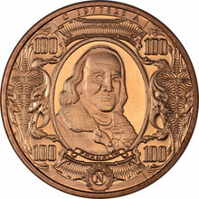 Cargar imagen en el visor de la galería, Ronda de cobre de 1 oz - Billete Ben Franklin de $ 100
