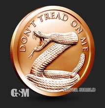 Load image into Gallery viewer, 1 oz Copper Round - Don&#39;t Tread on Me Silver Shield
