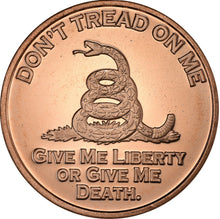 Load image into Gallery viewer, 1 oz Copper Round - Don&#39;t Tread on Me Rattlesnake
