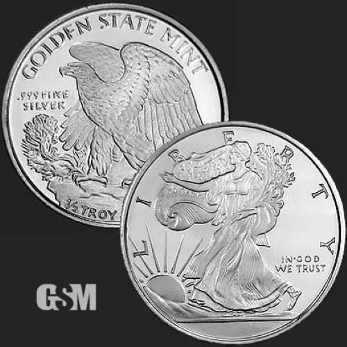 A silver round weighing 1/2 oz pressed with the walking liberty