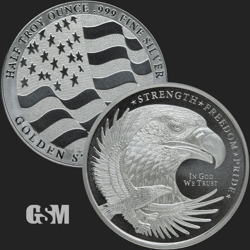 A silver round weighing 1/2 oz pressed with an eagle design