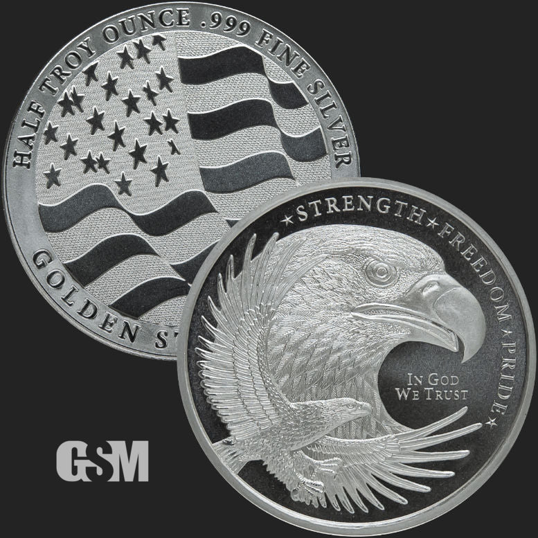 A silver round weighing 1/2 oz pressed with an eagle design
