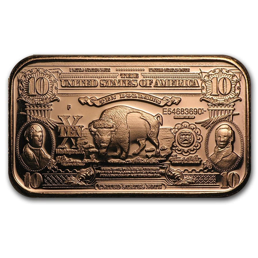 1 oz Copper Bar - $10 Bison Note